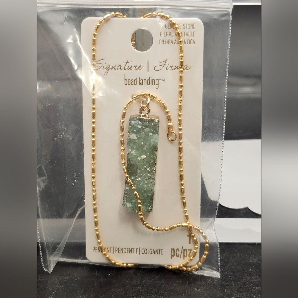 Green Dyed Druzy Quartz Pendant Gold Bead Landing 30" Beaded Chain